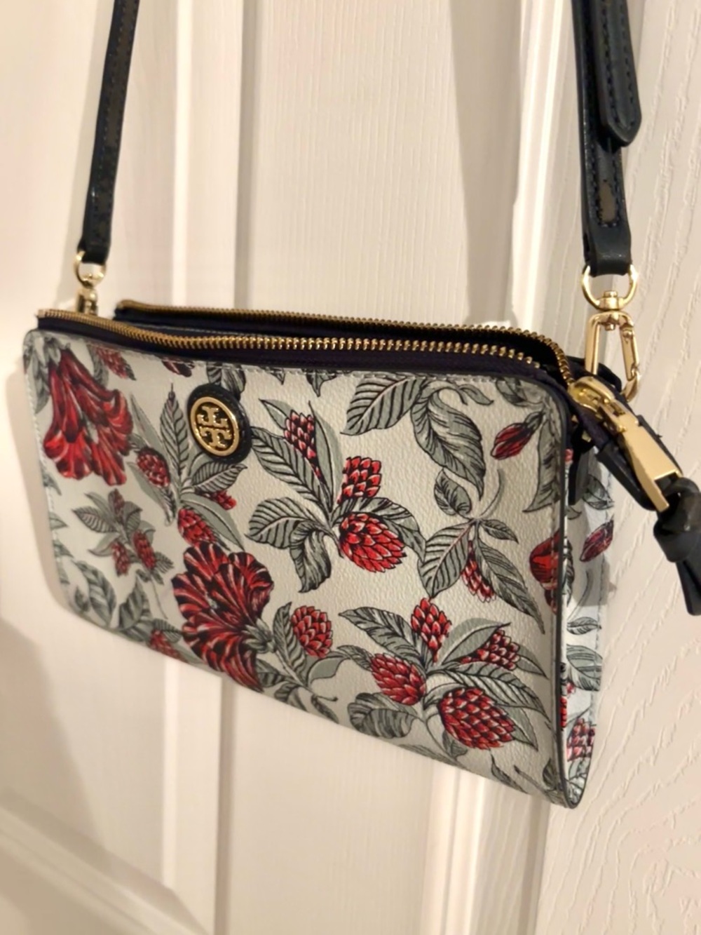 Tory Burch Red Floral Print Convertible Crossbody on Cream